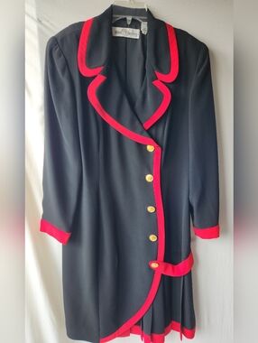 Vintage Alan Cherry Black And Red Trim Dress with Pleated Skirt Size 14